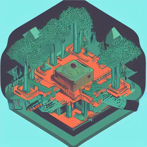 Prompt: “in the style of Laurie Greasley an isometric highly detailed aerial view of a young explorer making his way through an enchanted forest towards a floating statue, 8k resolution”