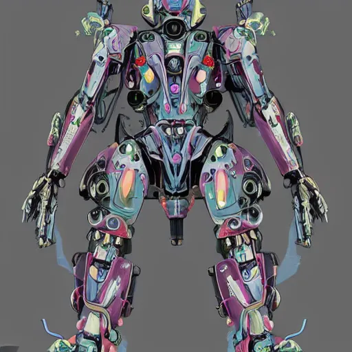 Prompt: symmetry, waterlily mobile combat suit floral robot, biomechanical, waterlily mecha nymphaea, detailed illustration, concept art, smooth, sharp focus, art by frank lloyd wright