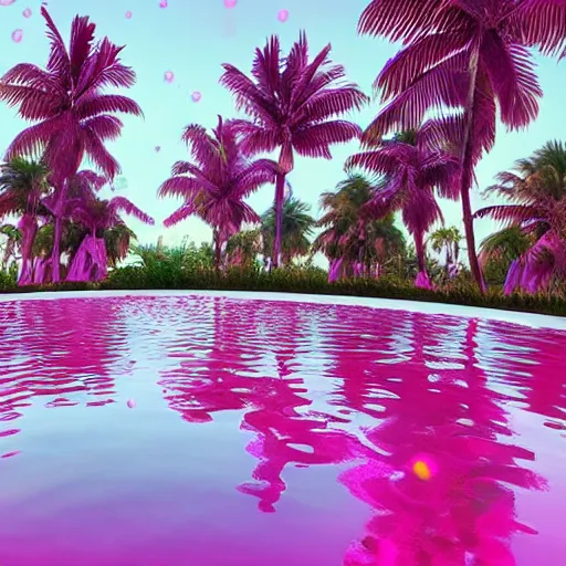 Prompt: lake of pink fluid, palm trees, bubbles, vaporwave inspired, lively colors, pastel, high detail, realistic octane render