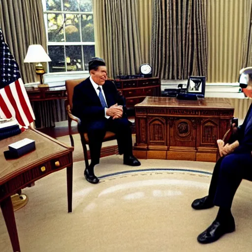 Image similar to a minion meeting president ronald reagan, zoom photograph, oval office,