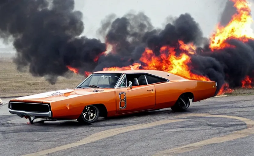 Image similar to a 1 9 6 8 dodge charger r / t drifting, fire explosion in the background