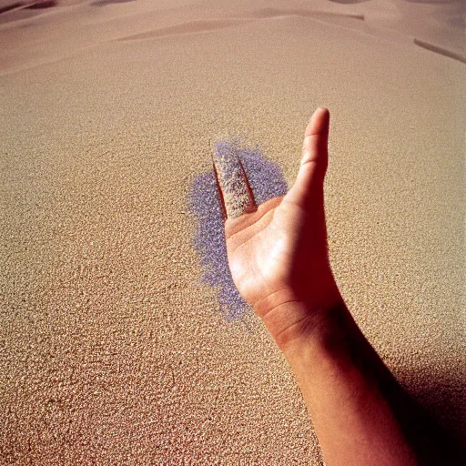 Prompt: chrome hand emerging from sand, high angle view, surrealist album cover art by storm Thorgerson, 1978