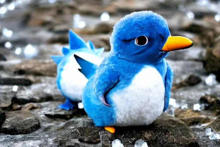 Image similar to real life piplup pokemon in icy antartica, cute!!!, heroic!!!, adorable!!!, playful!!!, chubby!!!, happy!!!, cheeky!!!, mischievous!!!, ultra realistic!!!, autumn, clear weather, golden hour, sharp focus