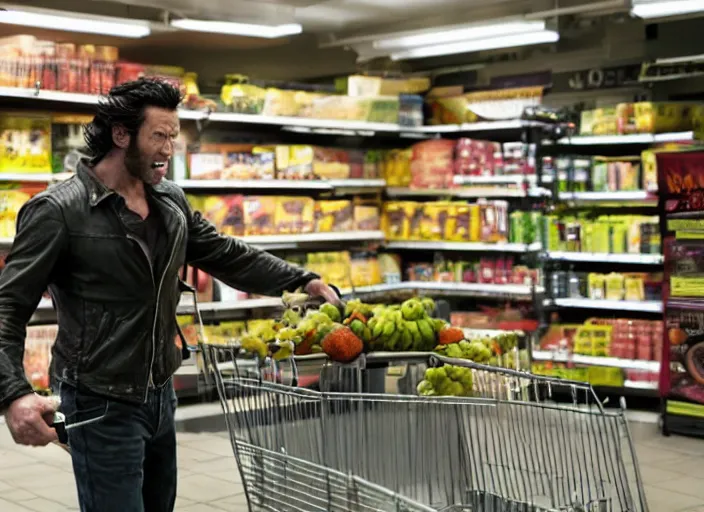 Image similar to film still of Wolverine going grocery shopping in the new X-Men movie, 4k