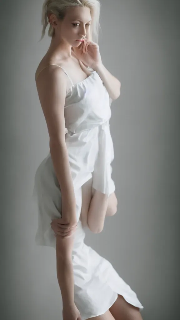 Prompt: extremely beautiful studio photo of emily skinner, looking like annie leonhart, wearing heels and white short dress, in a white room, pale skin, bokeh, very very very very beautiful!!, hard focus, sexy pose, full body shot, 9 0 mm, f / 1. 2 5