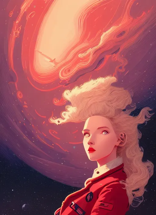 Prompt: highly detailed portrait of a hopeful pretty astronaut lady with a wavy blonde hair, by james gilleard, by joe fenton, by greg rutkowski, by konstantin yuon, 4 k resolution, nier : automata inspired, bravely default inspired, vibrant but dreary but upflifting red, black and white color scheme!!! ( ( space nebula background ) )