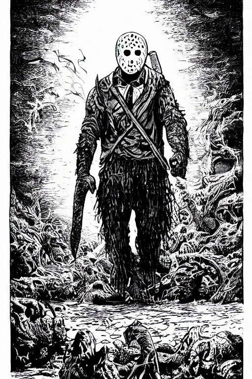 Image similar to Jason Voorhees as a D&D monster, pen-and-ink illustration, etching, by Russ Nicholson, DAvid A Trampier, larry elmore, 1981, HQ scan, intricate details, high contrast