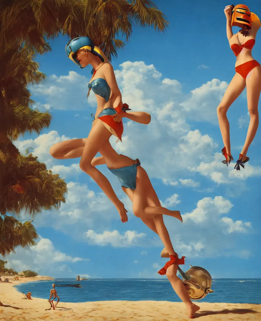 Image similar to pulp art, gil elvgren, 3d octane blender render. person relaxing on scenic beach wearing mandalorian helmet, blue sky, swimsuit.