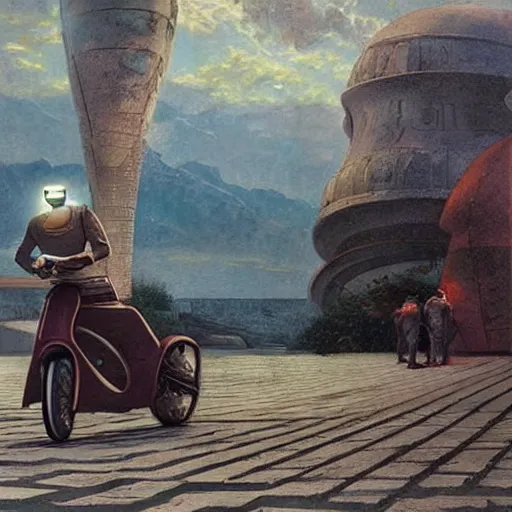 Image similar to STAR TREK scooter designed in ancient Greece, (SFW) safe for work, photo realistic illustration by greg rutkowski, thomas kindkade, alphonse mucha, loish, norman rockwell