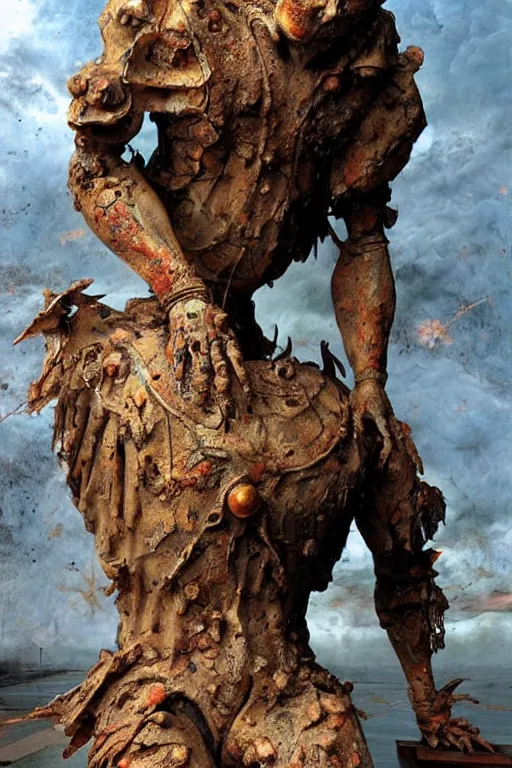 Image similar to realistic detailed statue of the terrific sacred destruction golem made with marble and with stained rust golden wings, cracked body full of scars, made by Karol Bak, Mark Brooks and Bernini. Rich colors. Beksinski and painting. Masterpiece