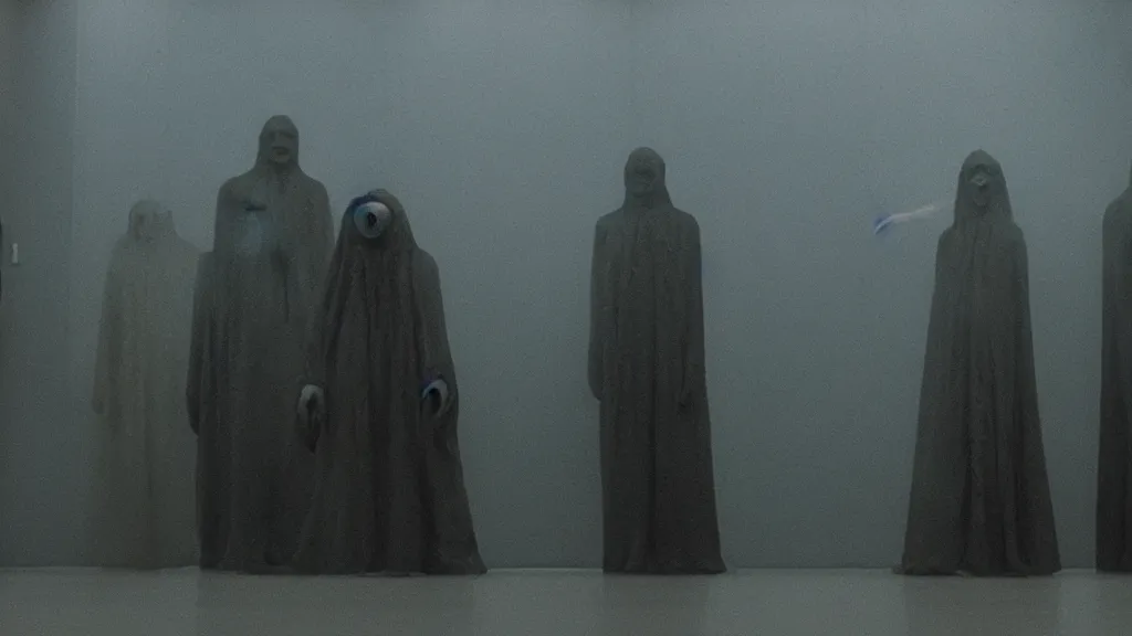 Image similar to the strange creature in line at the bank, made of wax and water, film still from the movie directed by Denis Villeneuve with art direction by Zdzisław Beksiński, wide lens