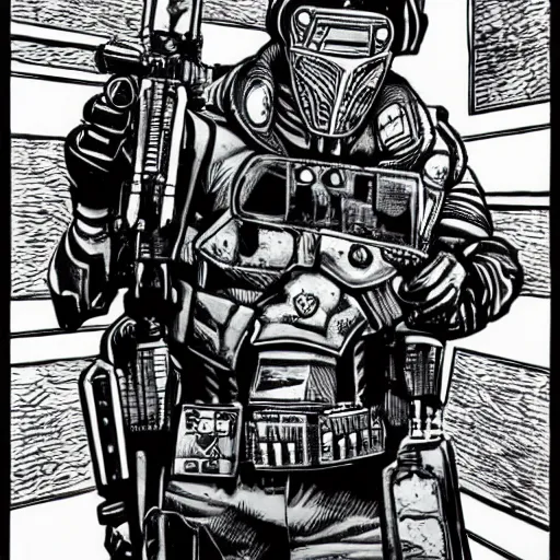 Image similar to sci - fi, dystopian bounty hunter, art by kevin eastman, black and white