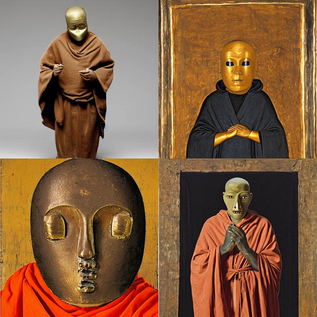 Prompt: a monk in fur cloak with a bronze mask medieval art
