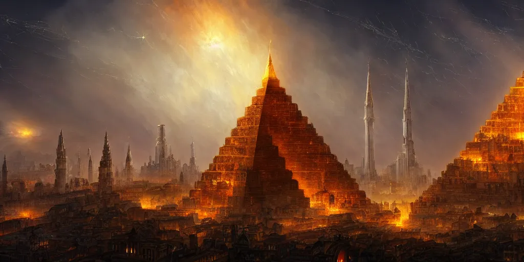 Image similar to magical city of the Great Tartarian Empire adorned with amazing lost technology, lighting resembling fireflies, spires from rooftops collecting and distributing etheric energy, the centerpiece of the city is a colossal ancient pyramid made of metal, cityscape, combining intense detail & utmost quality, Christian Hecker, Artstation, - H 832