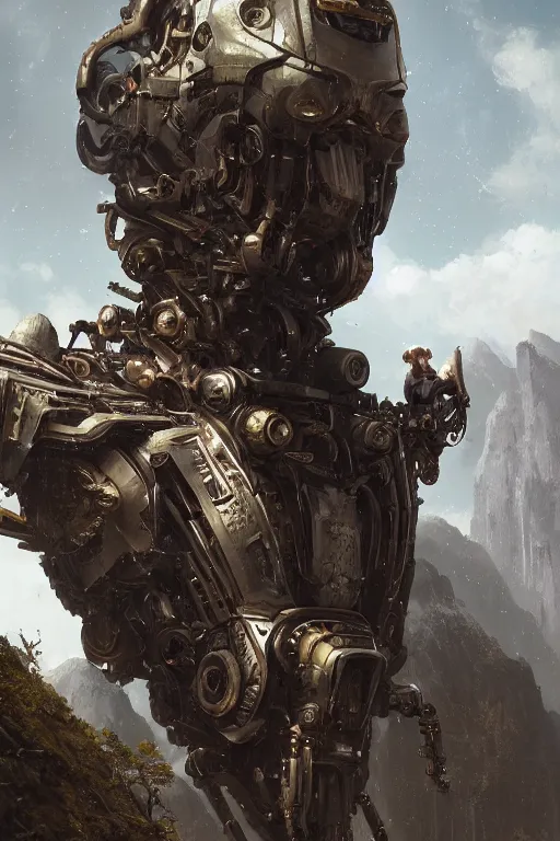 Prompt: a detailed portrait of a giant mechanical humanoid in the mountains by Greg Rutkowski, Sung Choi, Mitchell Mohrhauser, Maciej Kuciara, Johnson Ting, Maxim Verehin, Peter Konig, final fantasy, Marco lense , 8k photorealistic, cinematic lighting, HD, high details, atmospheric , trending on artstation