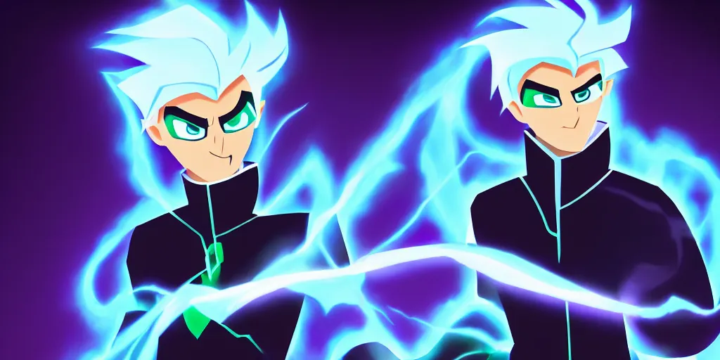 Prompt: a mage that has the face of danny phantom he is at his desk working on a new spell that is casting out flowing energy, colorful, flowing energy, light rays, consistent face, medium shot, waist up, pixar and disney animation, sharp, concept art, highly detailed, bloom, dramatic lighting, cinematic