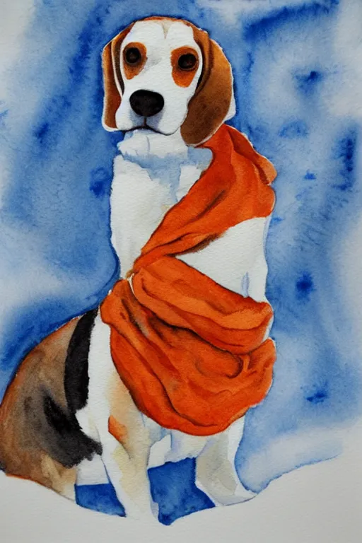 Image similar to beagle, in the snow, with an orange scarf, watercolor