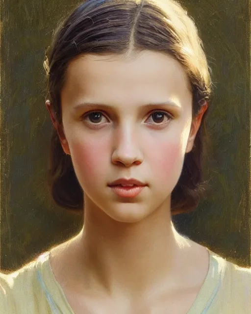 Image similar to a realistic oil painting of a girl resembling alicia vikander or millie bobby brown in an oversize t - shirt, highly detailed, intricate, artstation, by donato giancola and william adolphe bouguereau
