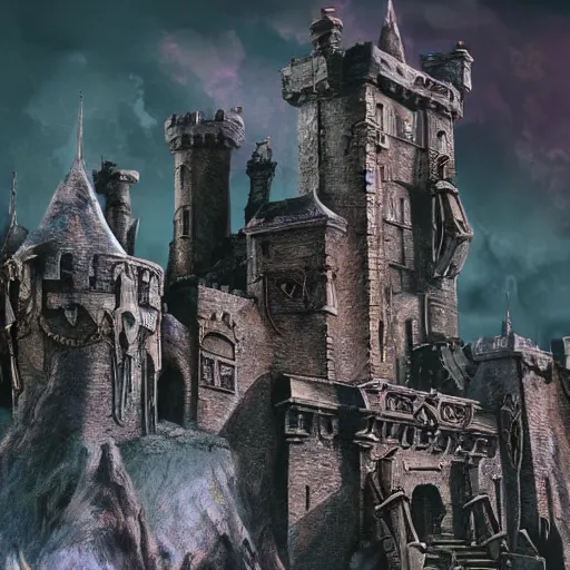 Prompt: an ultra realistic skeltor, hyper detailed, cinematic, background castle greyskull, depth of field, full color