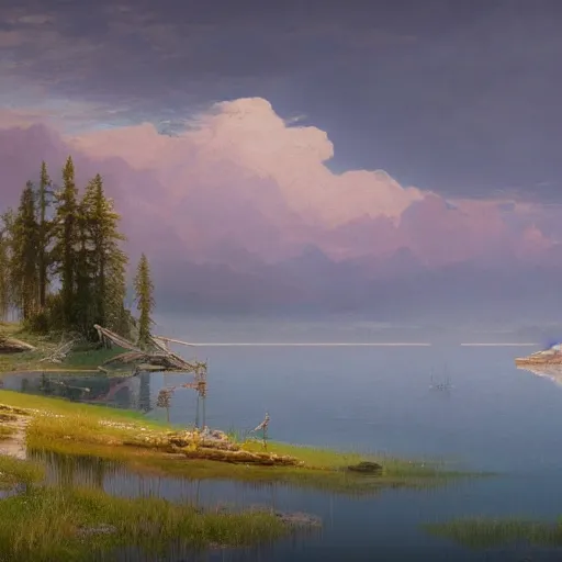 Image similar to a very beautiful scenic view, simple, consistent and high quality big lake landscape painting by tyler edlin, albert bierstadt, ivan shishkin, anton fadeev and beeple, # vfxfriday, vivid, velvia, hyper realistic, wide angle, detailed, masterpiece, 8 k resolution, matte painting, trending on artstation