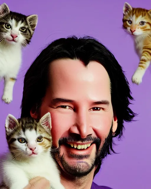 Prompt: “ head and shoulders glamour portrait of keanu reeves smiling at the camera and cradling four kittens in his arms, pastel colored glittery background, extremely high quality photo, studio lighting, 8 k, hd, hdr ”
