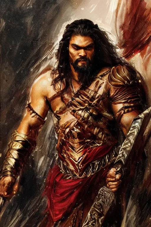 Image similar to beautiful closeup portrait oil painting, jason momoa conan the barbarian wearing a golden wreath crown in royal crimson spartan armor enthroned as the god emperor of ancient rome, mid - shot, by anders zorn, wonderful masterpiece by greg rutkowski, beautiful cinematic light, american romanticism, by thomas lawrence, greg rutkowski