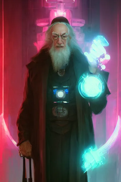 Image similar to portrait of cyborg Dumbledore in cyberpunk, neon lighting, night city, digital art from artstation by Ruan Jia and Mandy Jurgens and Artgerm and william-adolphe bouguereau and Greg Rutkowski