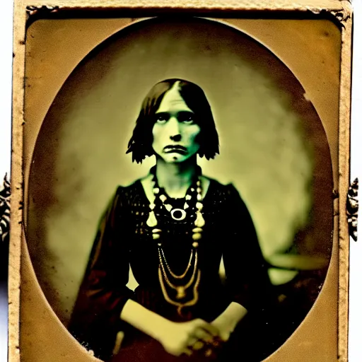 Image similar to daugerreotype of cthulhu high priestess. ambrotype of occult priestess. tintype of a beautiful woman