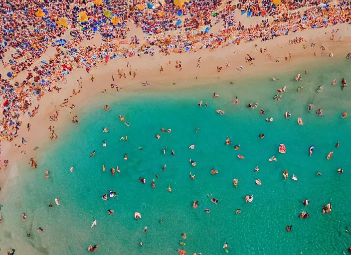 Prompt: symmetry!! a 2 8 mm macro aerial view of a crowded beautiful beach in greece, photography, film, film grain, canon 5 0 mm, cinematic lighting