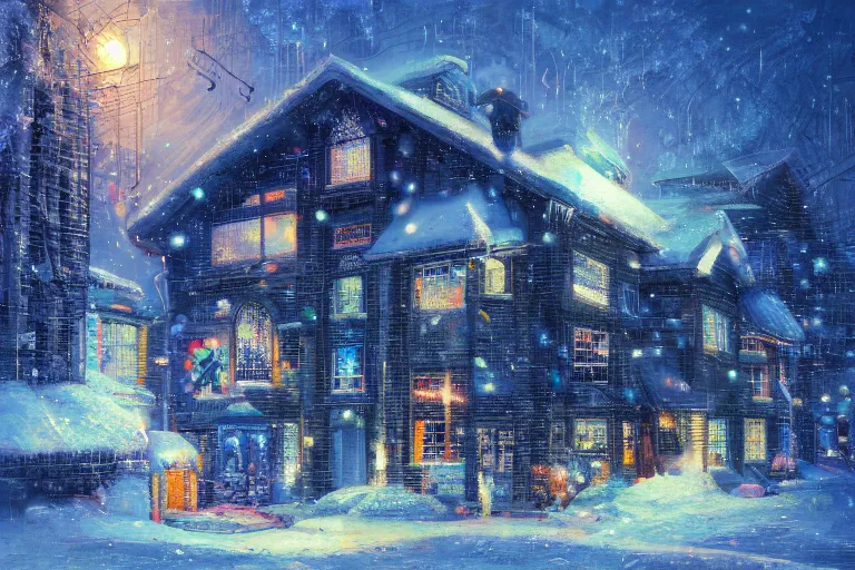 Image similar to cyberpunk, winter in the snow, Christmas lights, external view of a 5 bedroom detached cyberpunk house in the UK, by Paul Lehr