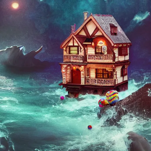 Image similar to a witches house made out of candy, on the ocean, epic scene, fantasy, redshift render, cgi, hyper - detailed, photo - bash, 8 k post - production, masterpiece