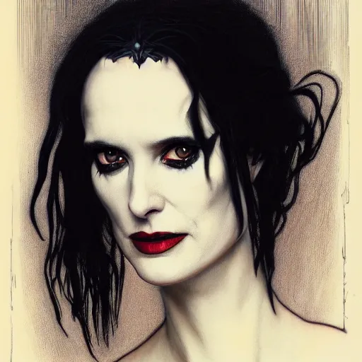 Image similar to portrait of winona ryder as death from sandman, gentle smile, by cedric peyravernay, boris vallejo, alphonse mucha, by jeremy mann, by lecouffe deharme, goth chic, soft lightning, eyeliner, punk rock, high detailed, 8 k, hyperrealism, donato giancola, joseph christian leyendecker, illustration, artgerm