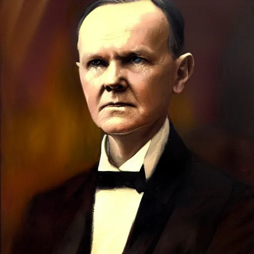 Prompt: calvin coolidge as a dnd fantasy, pointy ears, devilish lighting, eldritch coolidge epic painting. official portrait, dnd character painting by gibbs - coolidge. oil on canvas, wet - on - wet technique, underpainting, grisaille, realistic. restored face.