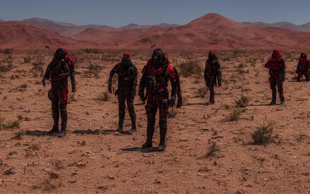 Image similar to in a hot red desert with a distant oasis a group of five people in dark green tactical gear like death stranding and masks, red mesas behind them. They look afraid. dusty, red, mid day, heat shimmering.