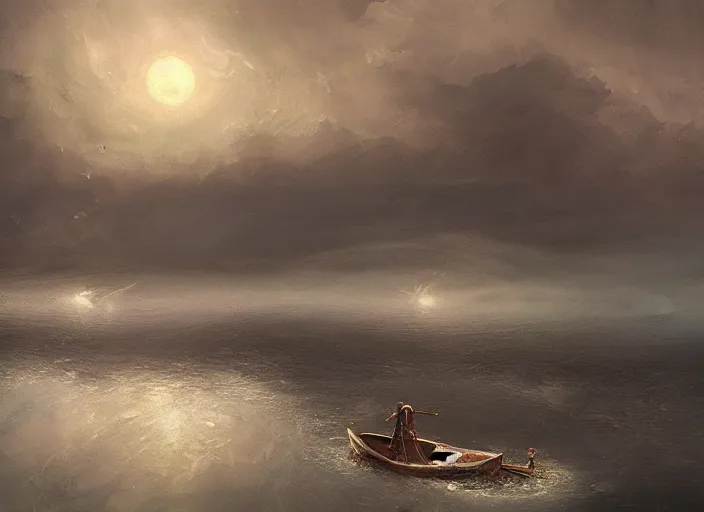 Image similar to a boat floating on top of a body of water, a detailed painting by nina tryggvadottir, cgsociety, fantasy art, detailed painting, nightmare, cosmic horror