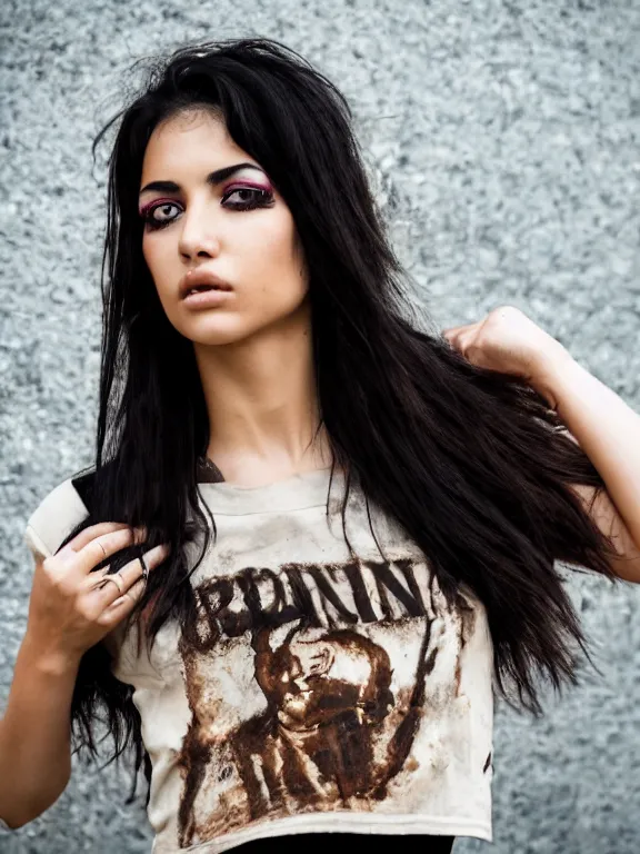 Prompt: hyperdetailed photo of a beautiful italian girl, brown eyes, dark hair, black makeup, skin, winds of winter, with ripped crop t - shirt with a logo, fine - face, pretty face