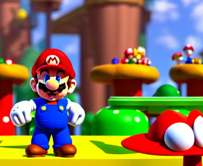 Image similar to still from a 3 d cartoon of ( ( super mario standing behind a podium!!! in the mushroom kingdom at a heated political rally, political!!!! ) ), 4 k, official screenshot, close - up