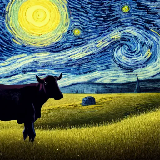 Prompt: a detailed matte painting of a cow standing in a grassy field wearing a witch hat, viewed in profile, glowing moths and fog in the background, starry night, black and blue color scheme with gold highlights, in the style of discworld and harry potter, 8 k