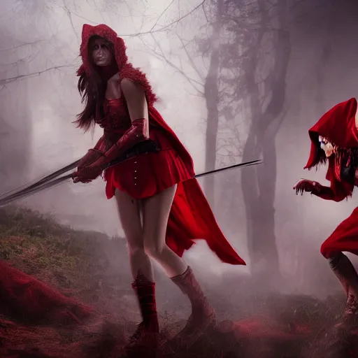 Image similar to red riding hood female warrior fending off a werewolf, highly detailed, dramatic lighting, cinematic, 4k