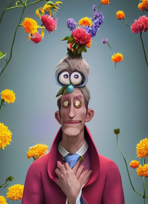 Image similar to an anthropomorphic beautiful male scientist portrait holding a flowers wearing colourful robe, fine art, award winning, intricate, elegant, sharp focus, octane render, hyperrealistic, wizard hat cinematic lighting, highly detailed, digital painting, 8 k concept art, art by jamie hewlett and z. w. gu, masterpiece, trending on artstation, 8 k