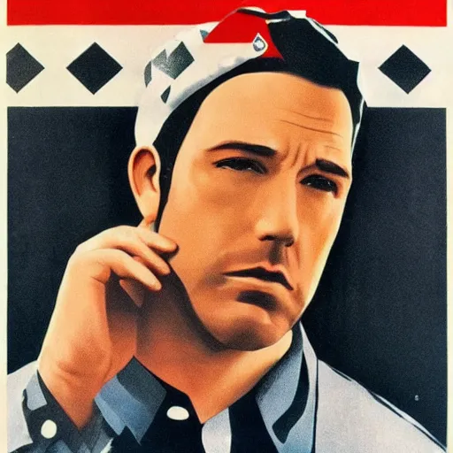 Image similar to sad ben affleck wearing checkered shirt and white cap, soviet movie poster