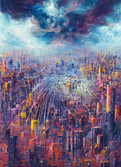 Prompt: a beautiful painting by oliver vernon of a glitched city behind clouds, realistic colors