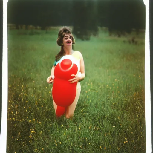 Prompt: A sad woman wearing a smiling inflatable toy in a meadow, 1980, color film expired film, aged photo, fellini almodovar john waters
