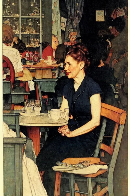Image similar to a lazy!! woman! in her 3 0 s in a cafe!!! sitting on a bench!! by norman rockwell!!!