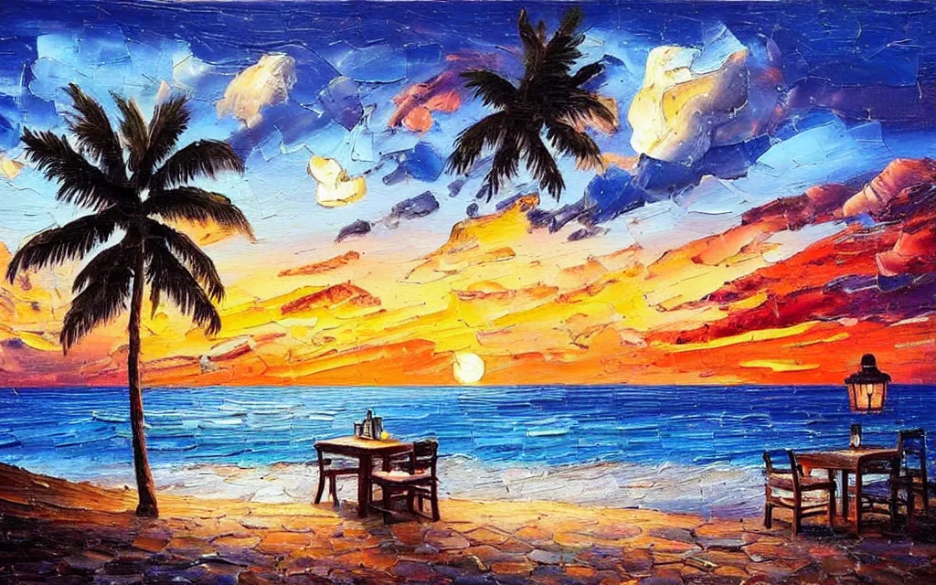 Image similar to a very very small island! cute cozy cottage!! and lanterns!!!, chairs, fireplace, palm trees, dark very late evening cloudy sunset, dramatic and dynamic lighting, thick brush strokes oil impasto painting