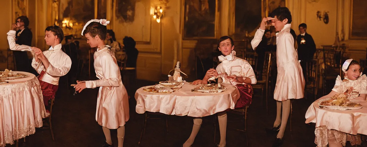 Image similar to a cotillion dance with two young people in fancy outfits, eating spaghetti, canon 5 0 mm, high detail, intricate, cinematic lighting, photography, wes anderson, film, kodachrome