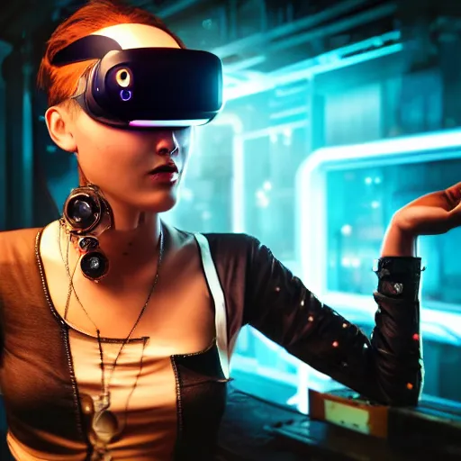 Image similar to a high quality portrait of a beautiful stunning pirate in a cyberpunk cyberpunk cyberpunk cafe wearing a VR visor realism 8k award winning photo