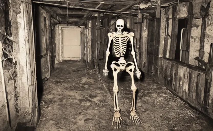 Prompt: a skeleton in a basement