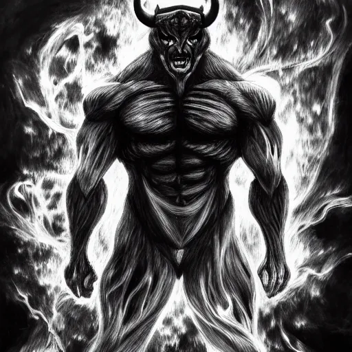 Image similar to full body grayscale drawing by Anato Finnstark of muscled horned humanoid beast, swirling flames