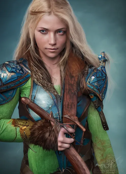 Prompt: An epic fantasy comic book style portrait painting of a young girl with long blonde hair and blue eyes. Wearing brown, green and pink leather tribal combat clothes. She is holding hunting bow. Unreal 5, DAZ, hyperrealistic, octane render, cosplay, RPG portrait, dynamic lighting